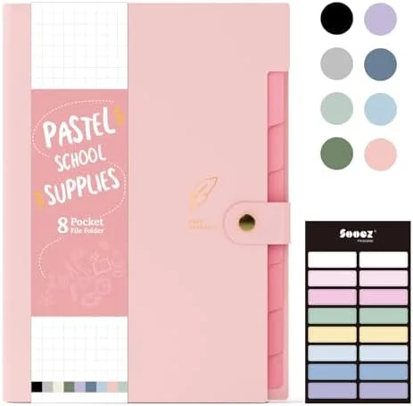 Pastel 8-Pocket Accordion Expanding File Folder Organizer with Label Stickers, Portable Letter-Size Document & Receipt Organizer for Office School