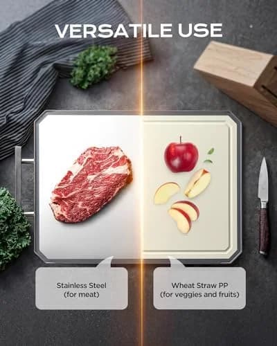 Dual-Sided Cutting Board with Stainless Steel and Wheat Straw Surfaces, 16x11 Inch