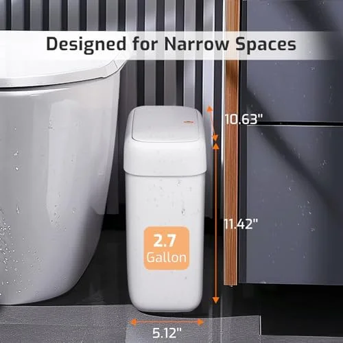 Slim 10 Liter Small Space Trash Can with Pop-Up Lid, Pet-Proof Mini Waste Bin for Bathroom Kitchen Bedroom Office RV White