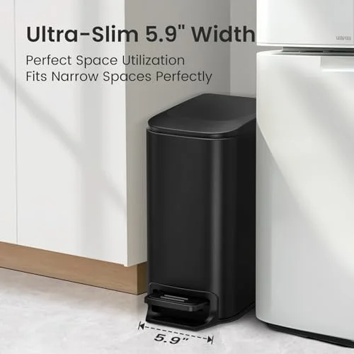Slim 1.6 Gallon Soft-Close Step-On Bathroom Trash Can with Matte Black Anti-Fingerprint Stainless Steel Body and Removable Inner Bucket