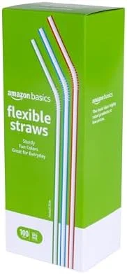 Disposable Striped Flexible Plastic Straws, BPA-Free Food Safe, 7.5 Inch Long Assorted Colors, 100 Count