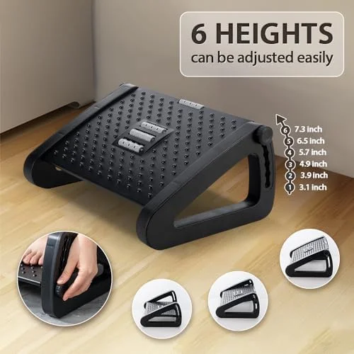 6-Height Adjustable Under Desk Foot Rest with Massage Rollers, Ergonomic Foot Stool for Office, Home and Travel