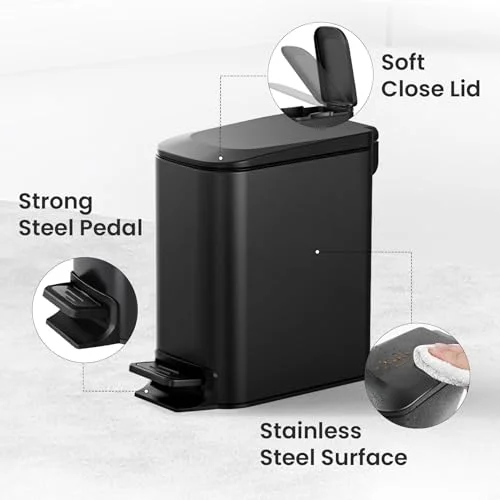 Slim 1.6 Gallon Soft-Close Step-On Bathroom Trash Can with Matte Black Anti-Fingerprint Stainless Steel Body and Removable Inner Bucket