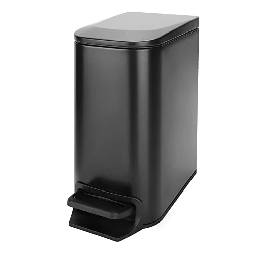 Slim 1.6 Gallon Soft-Close Step-On Bathroom Trash Can with Matte Black Anti-Fingerprint Stainless Steel Body and Removable Inner Bucket