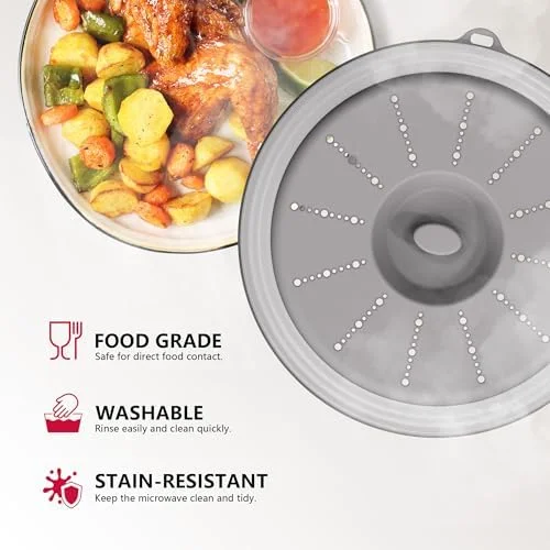 Vented Collapsible Microwave Splatter Guard with Hook Hole, Multi-Functional Food Colander Kitchen Gadget for Meal Prep, Grey