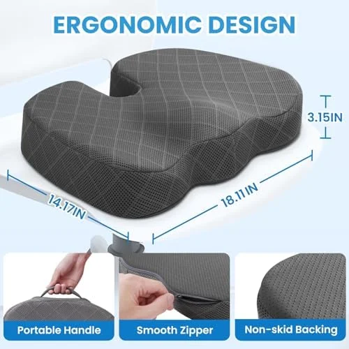 Ergonomic Memory Foam Seat Cushion for Coccyx, Hip & Sciatica Pain Relief, Fits Office Chairs, Car Seats, Airplane & Bleacher Seats