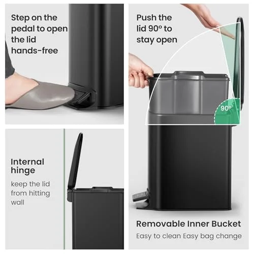Slim 1.6 Gallon Soft-Close Step-On Bathroom Trash Can with Matte Black Anti-Fingerprint Stainless Steel Body and Removable Inner Bucket
