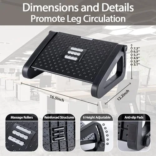 6-Height Adjustable Under Desk Foot Rest with Massage Rollers, Ergonomic Foot Stool for Office, Home and Travel